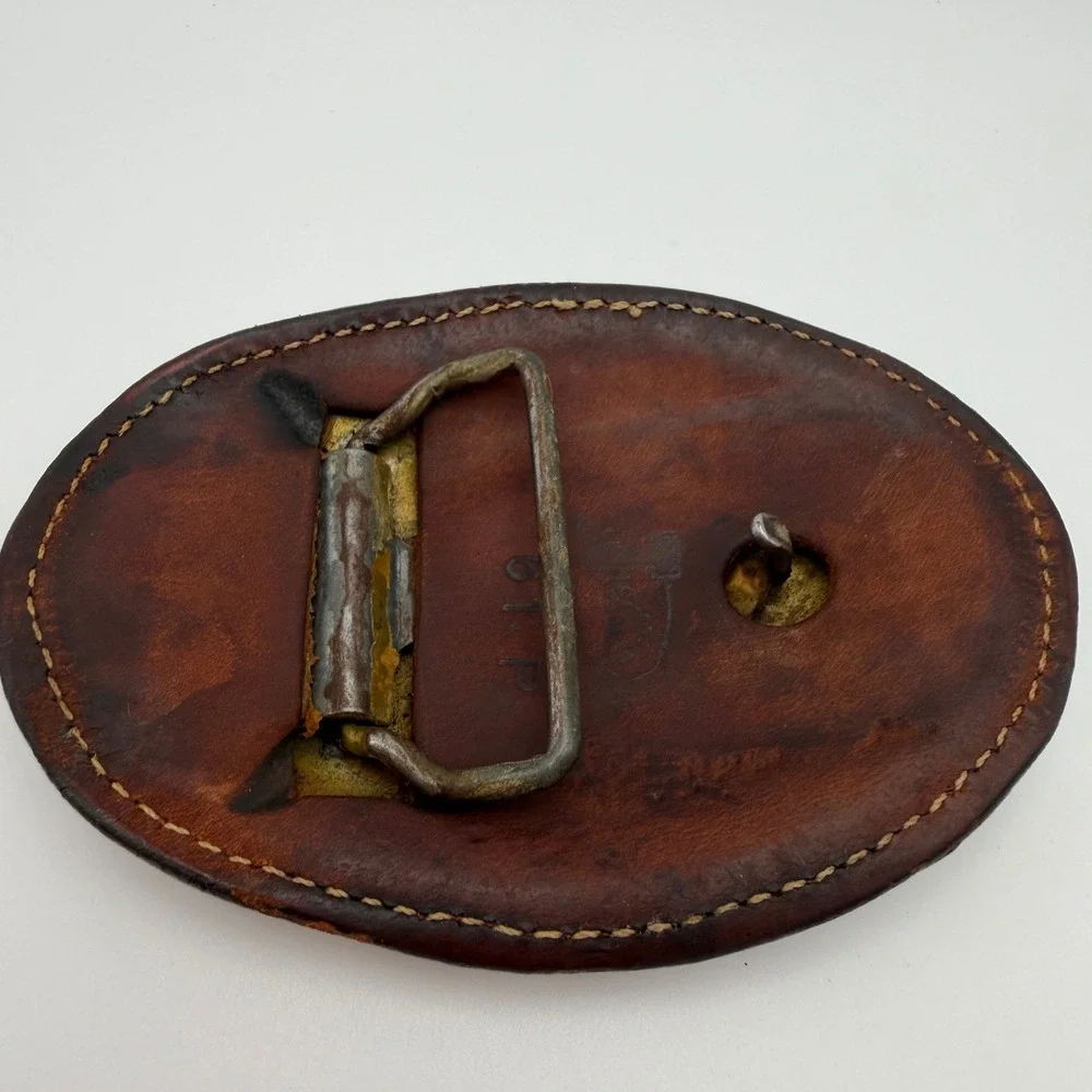 VTG Justin Leather Belt Buckle Hand Tooled Thunderbird Painted Oval 61-P‎